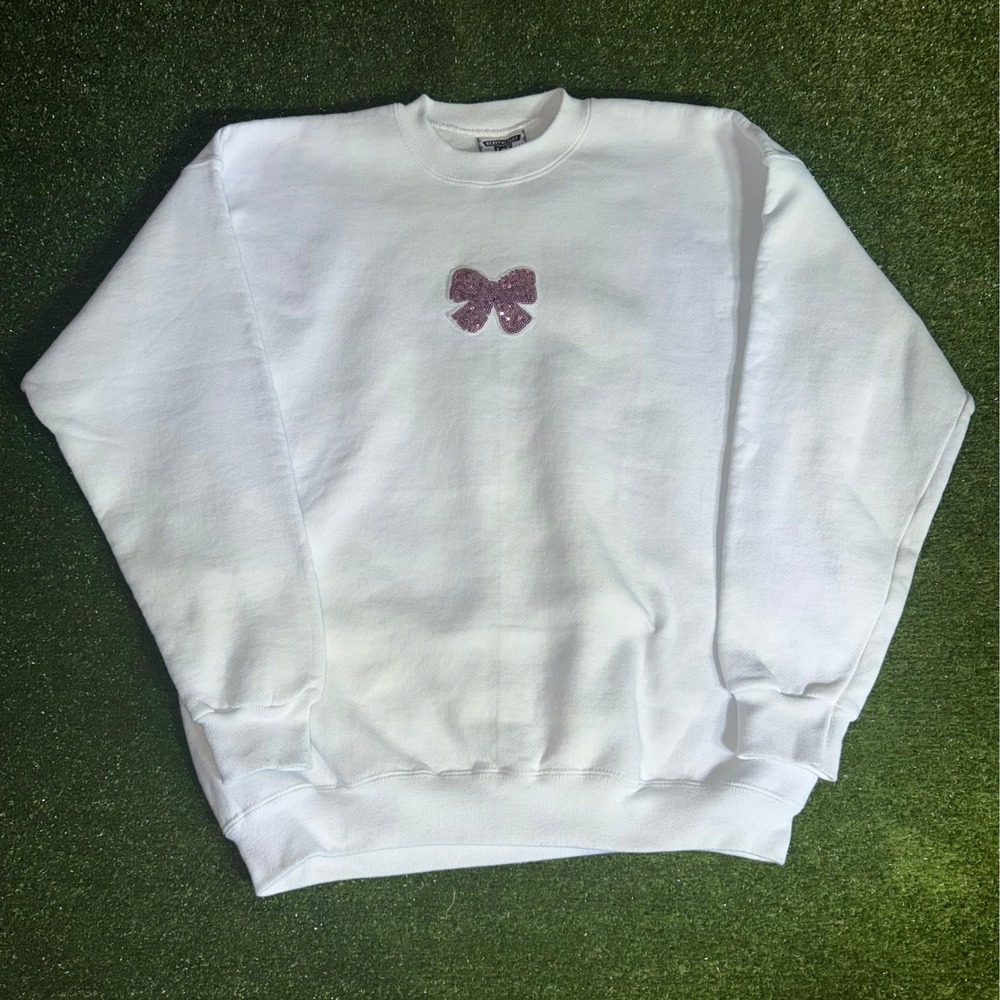 Vintage Lee Heavyweight White Sweatshirt Pink Sequin Bow Patch XL Made in USA